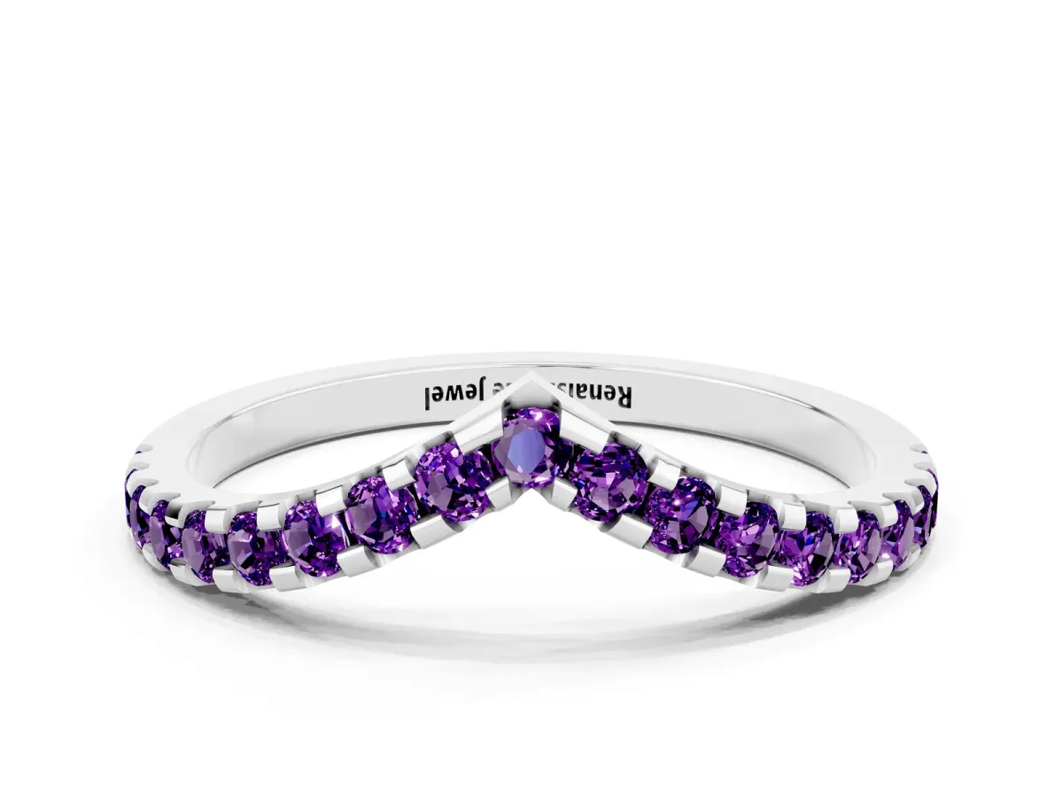 Pavé Round Amethyst Chevron Band with Shared Prong Setting Silver