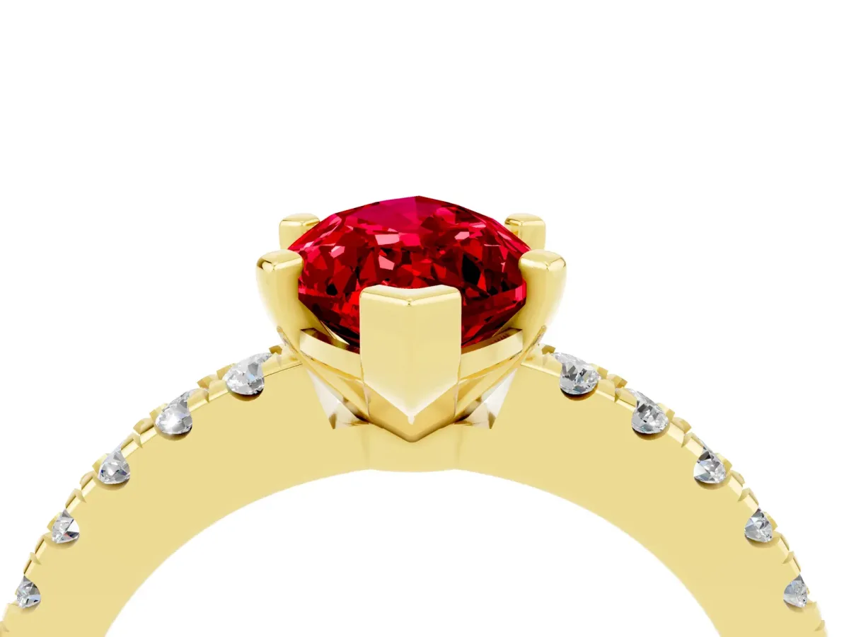 Marquise Cut Solitaire Ruby with Pavé Band and Four-Prong Setting Yellow gold