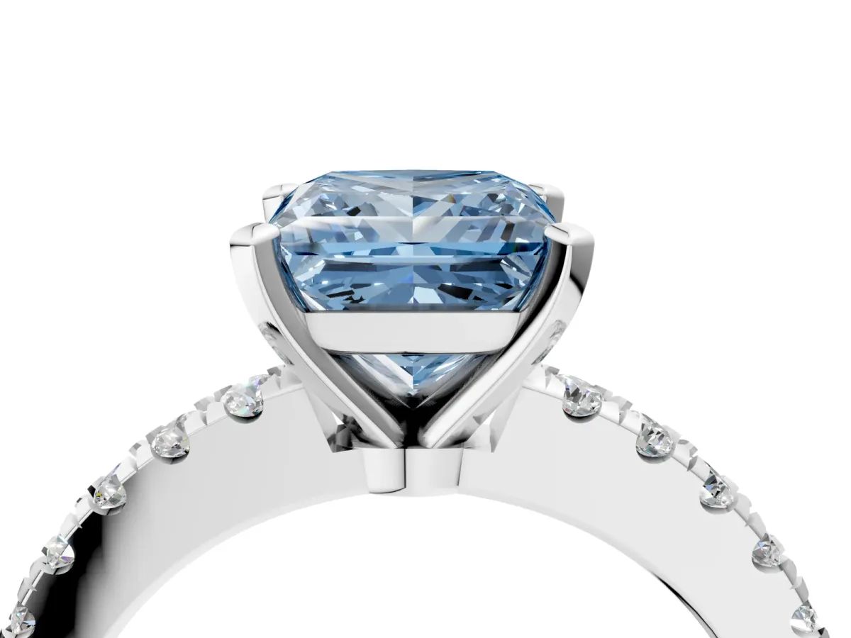 Fancy Blue Princess Cut Solitaire Diamond with Pavé Band and Four-Prong Setting Silver