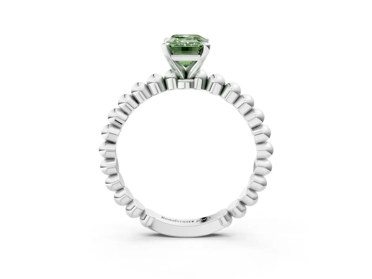 Fancy Green Emerald Cut Diamond Solitaire Ring with Beaded Band and Prong Setting Silver