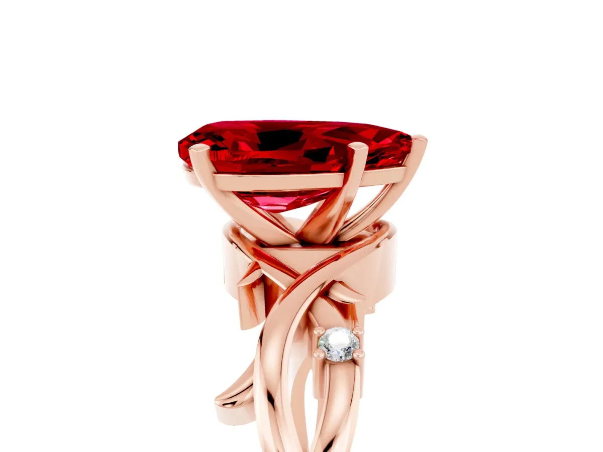 Pear Cut Ruby Solitaire Ring with Twisted Band and Prong Setting Rose gold