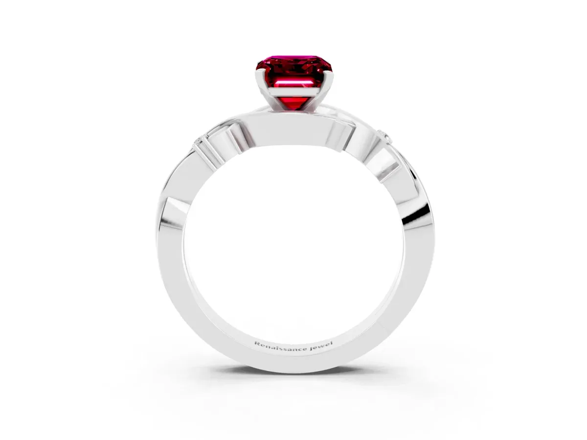Emerald Cut Garnet Solitaire Ring with Twisted Band and Prong Setting White gold