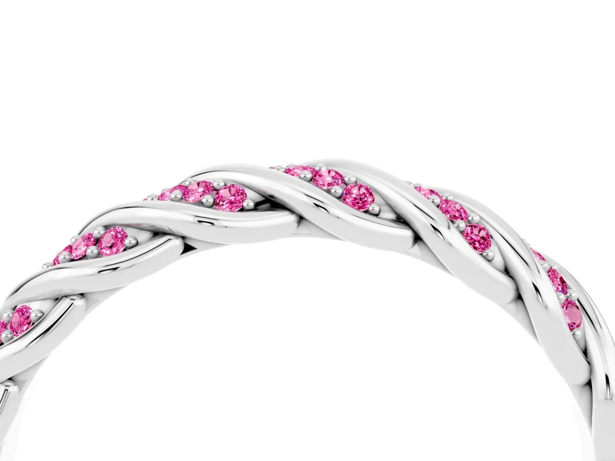 Twisted Pavé Round Pink Sapphire Eternity Band with Shared Prong Setting Silver