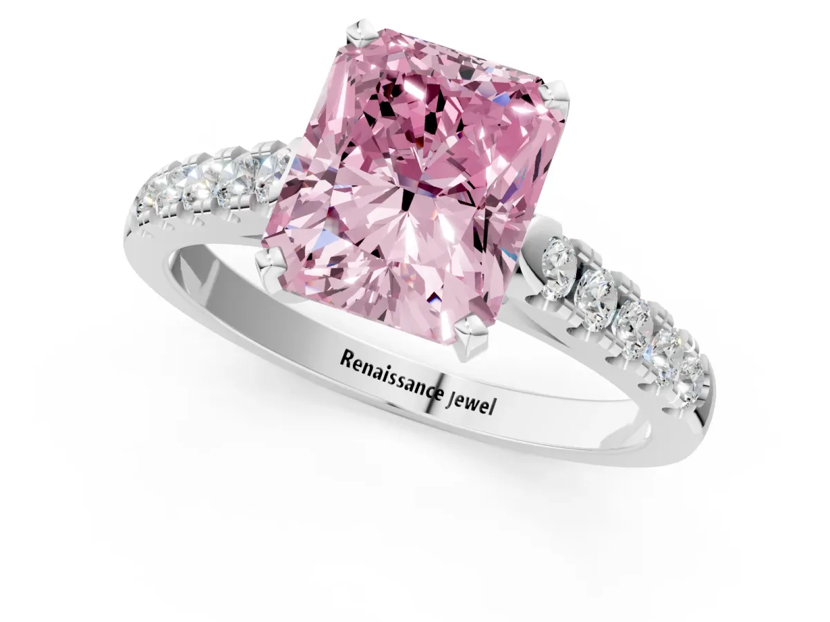 Fancy Pink Radiant Cut Diamond Pavé Band Solitaire Ring with Prong Setting Platinum