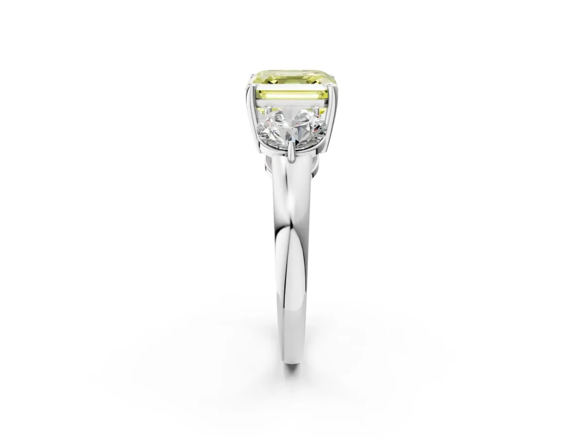 Fancy Yellow Asscher Cut Diamond Three-Stone Ring with Prong Setting and Classic Band Platinum