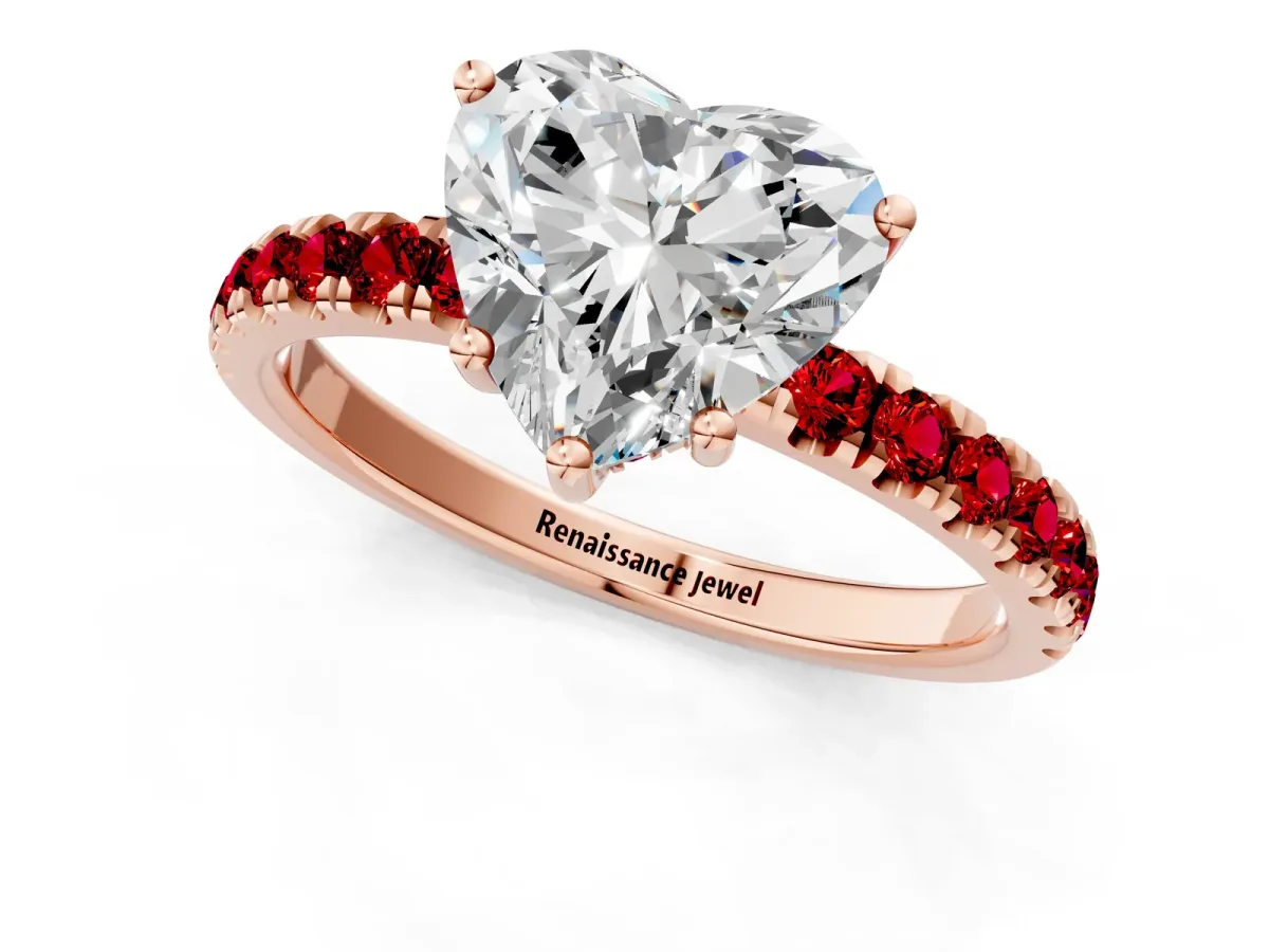 Heart Cut Diamond Pave Band Solitaire Ring with Round Ruby and Prong Setting Rose gold
