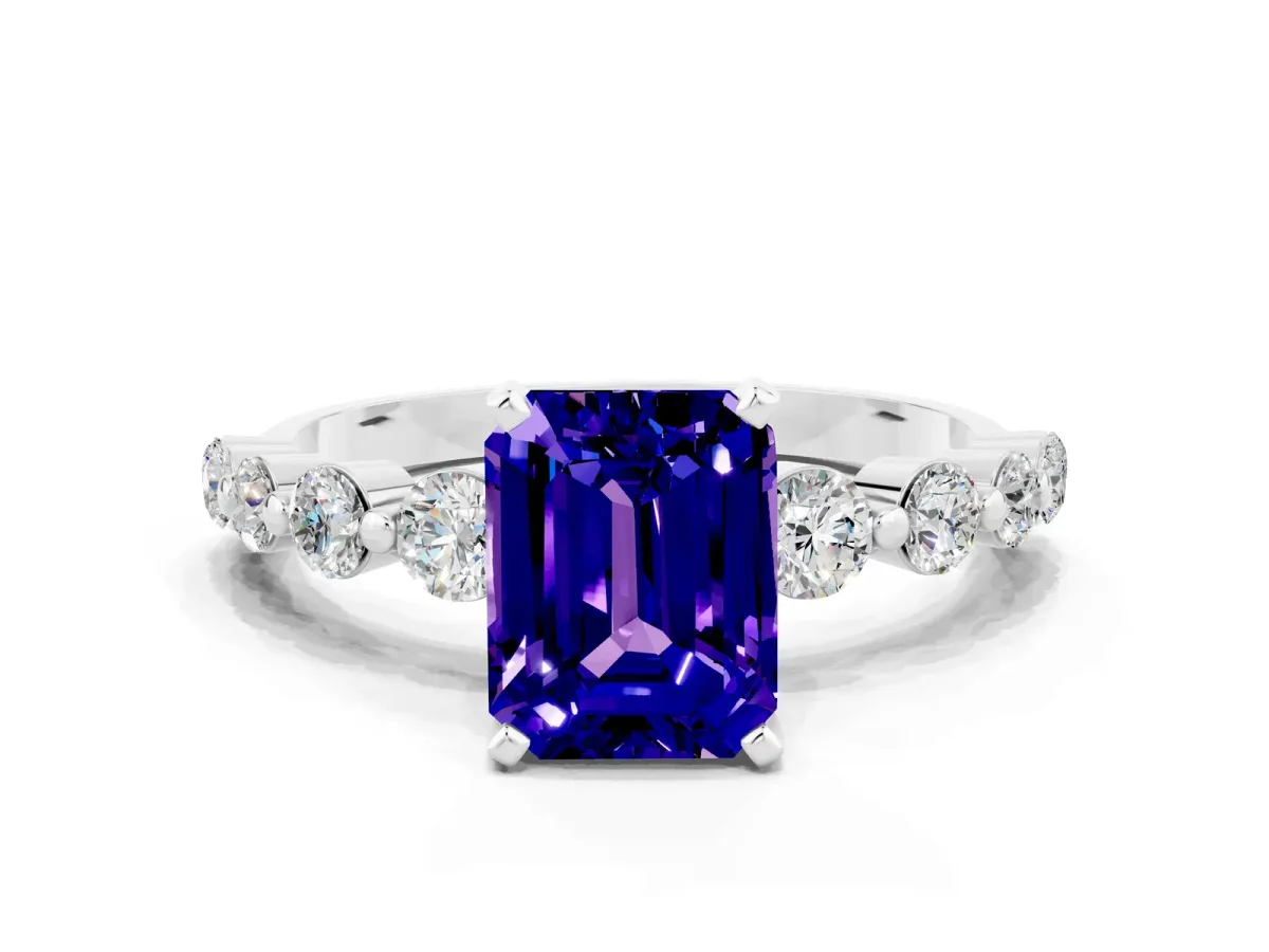 Emerald Cut Solitaire Tanzanite Ring with Pave Band and Four-Prong Setting Silver