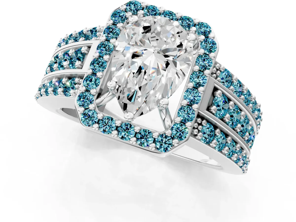 Pear Cut Halo Diamond Ring with Round Blue Topaz Split Shank and Prong Setting Silver