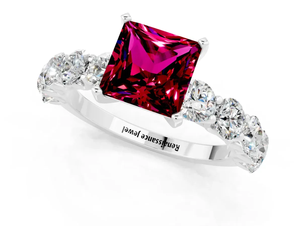Princess Cut Garnet Prong Setting with Side Stones on a Pave Band Silver