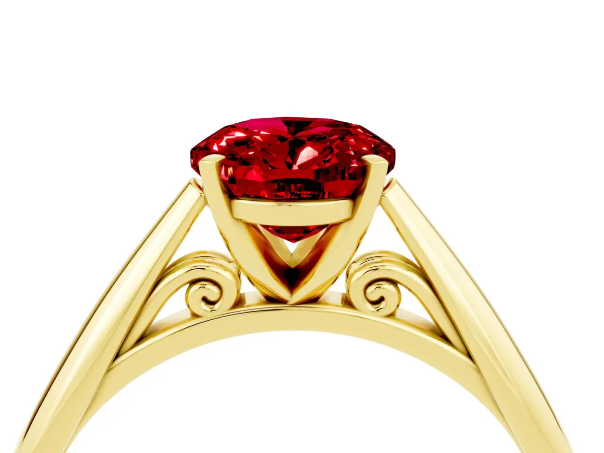 Oval Cut Ruby Solitaire Engagement Ring with Cathedral Setting and Four-Prong Mount Yellow gold