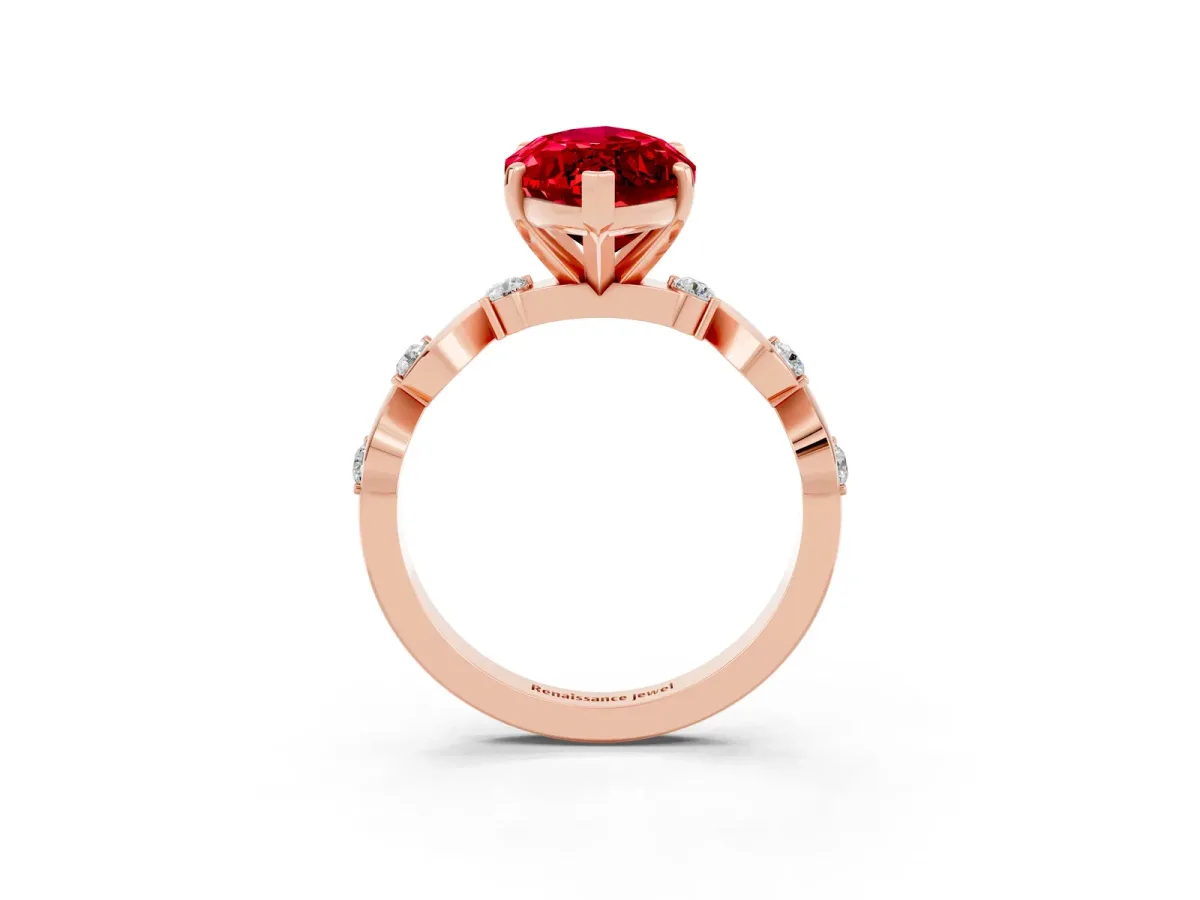 Marquise Cut Ruby Solitaire Twisted Band with Round Accents and Prong Setting Rose gold