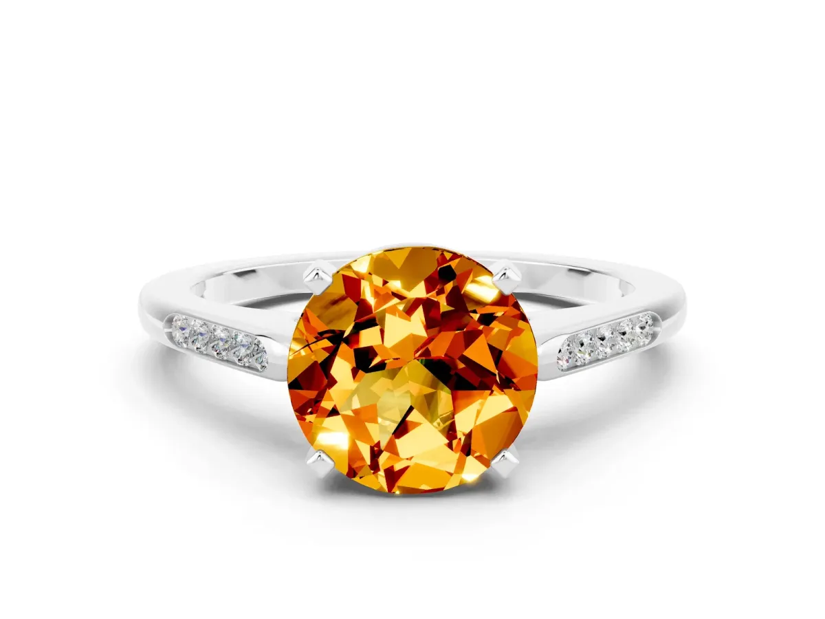 Round Cut Citrine Solitaire Ring with Channel Set Round Band and Prong Setting Silver