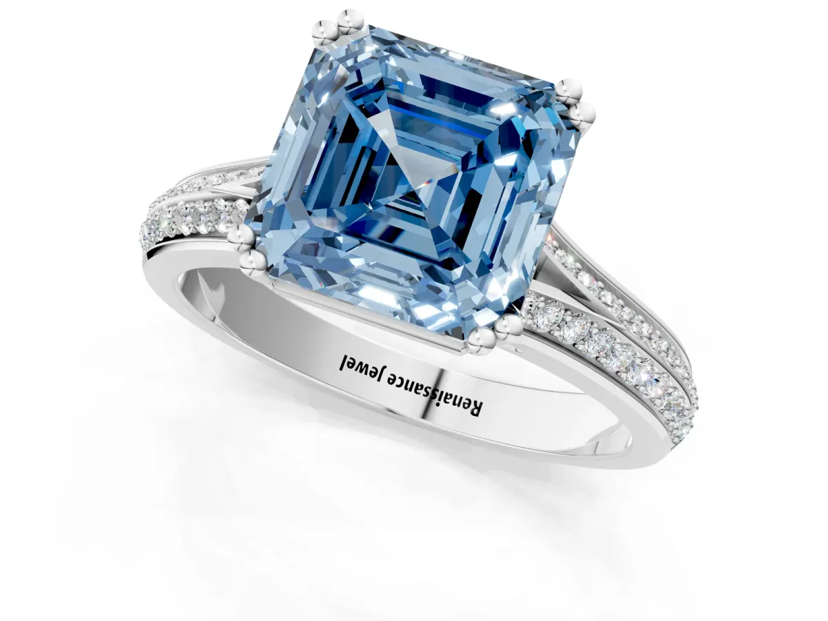 Fancy Blue Asscher Cut Diamond Split Shank Engagement Ring with Pavé Band Platinum