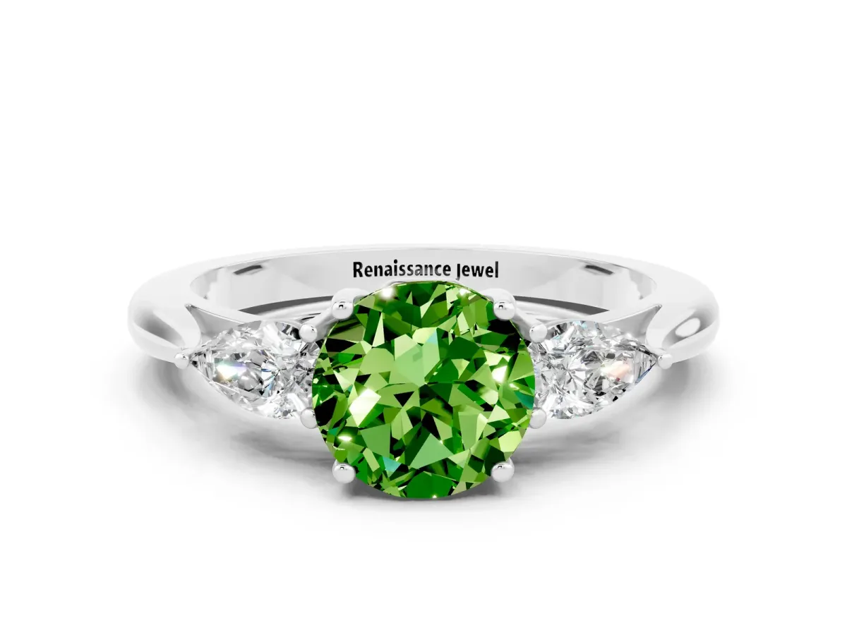 Three-Stone Round Cut Peridot Ring with Pear Side Stones in Four-Prong Setting Platinum