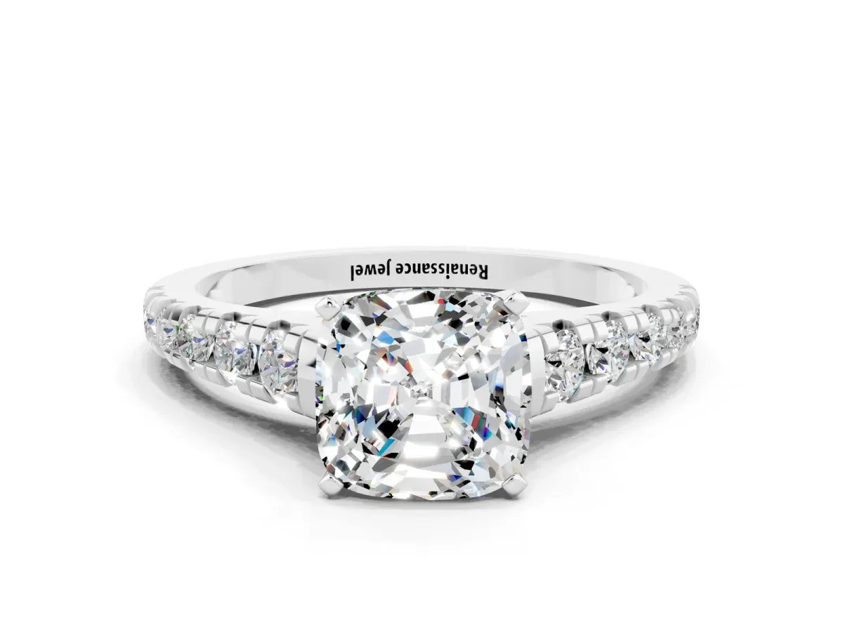 Cushion Cut Moissanite Cathedral Solitaire Ring with Round Pavé Band Silver
