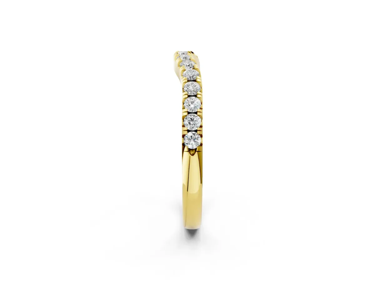 Round Diamond Curved Pavé Wedding Band with Shared Prong Setting Yellow gold