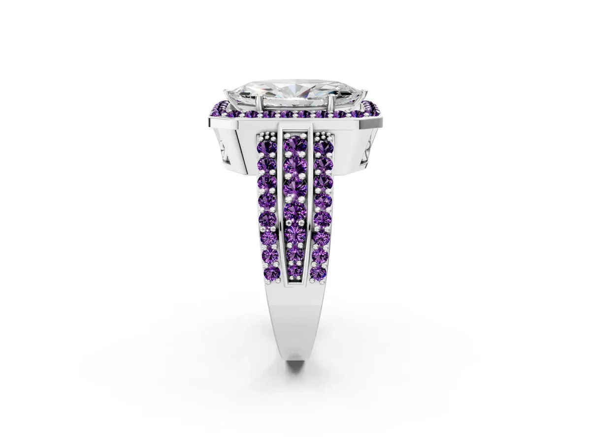 Marquise Cut Halo Diamond Ring with Round Amethyst Split Shank and Prong Setting Silver