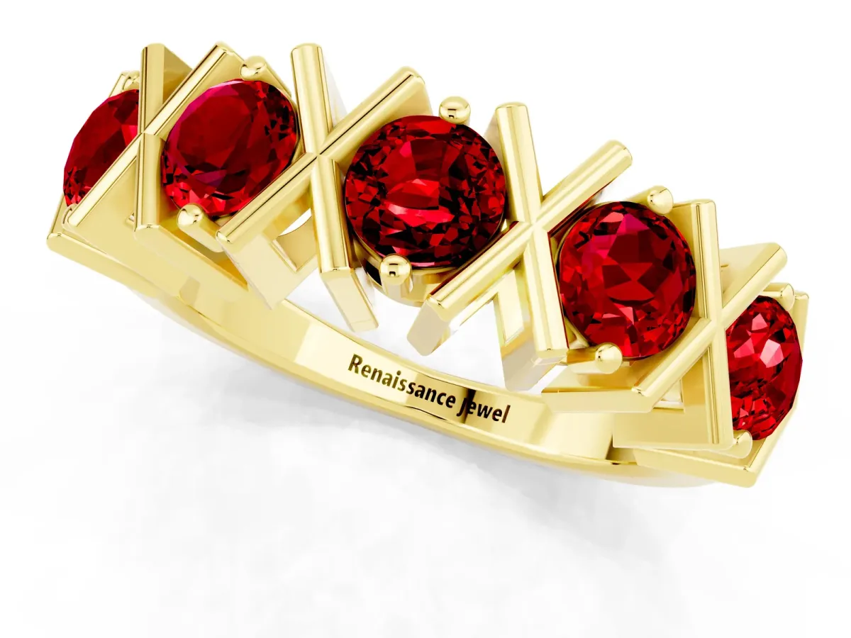 Round Ruby Channel Set Band with X-Prong Detail Yellow gold