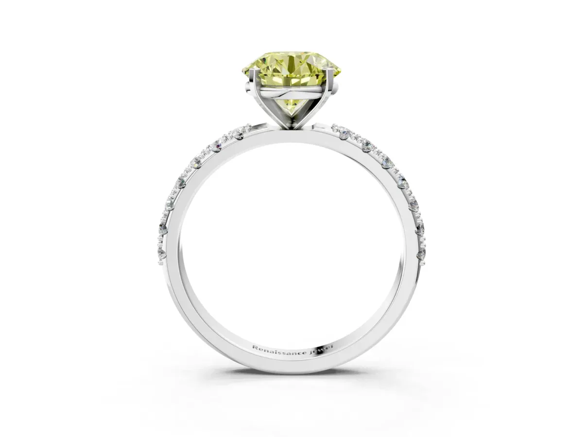 Fancy Yellow Round Cut Diamond Solitaire Pavé Band with Four-Prong Setting Silver