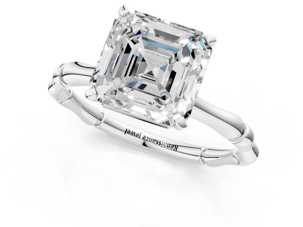 Asscher Cut Solitaire Diamond Ring with Bamboo Band and Four-Prong Setting Platinum