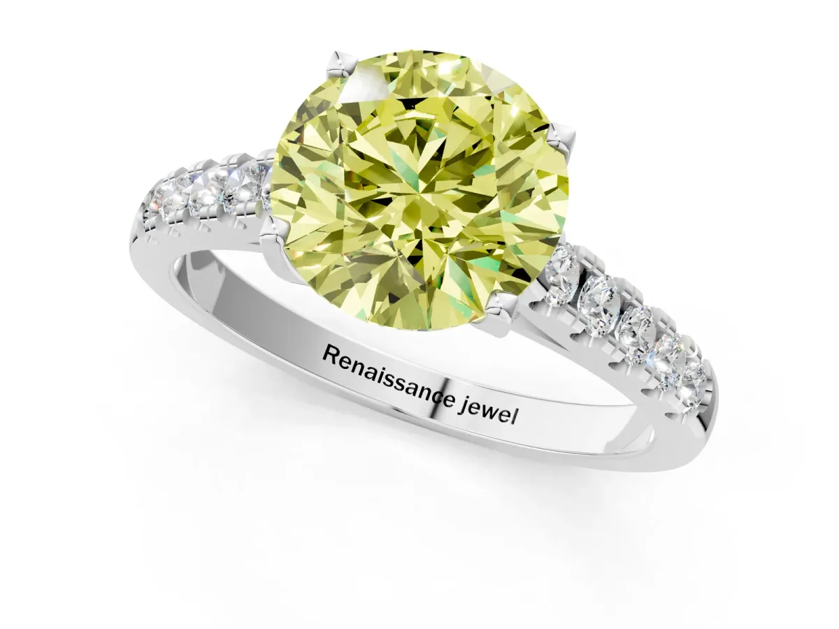 Fancy Yellow Round Cut Diamond Pavé Band Solitaire Ring with Prong Setting White gold
