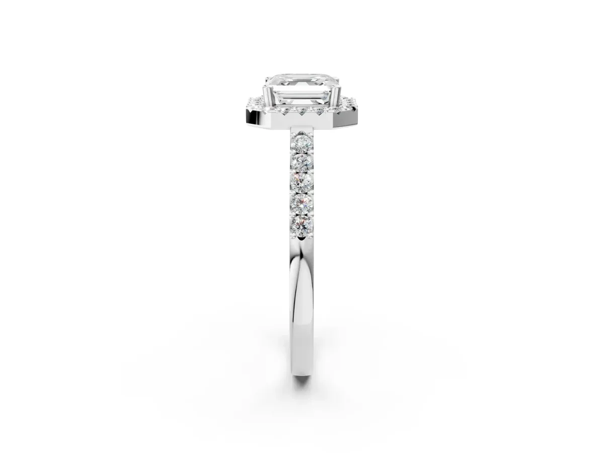 Asscher Cut Halo Diamond Pavé Solitaire Ring Silver