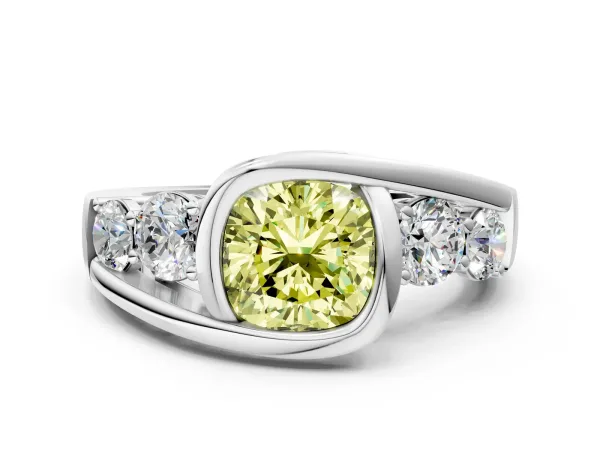 Fancy Yellow Bezel Set Cushion Cut Diamond Bypass Ring with Round Accents Platinum