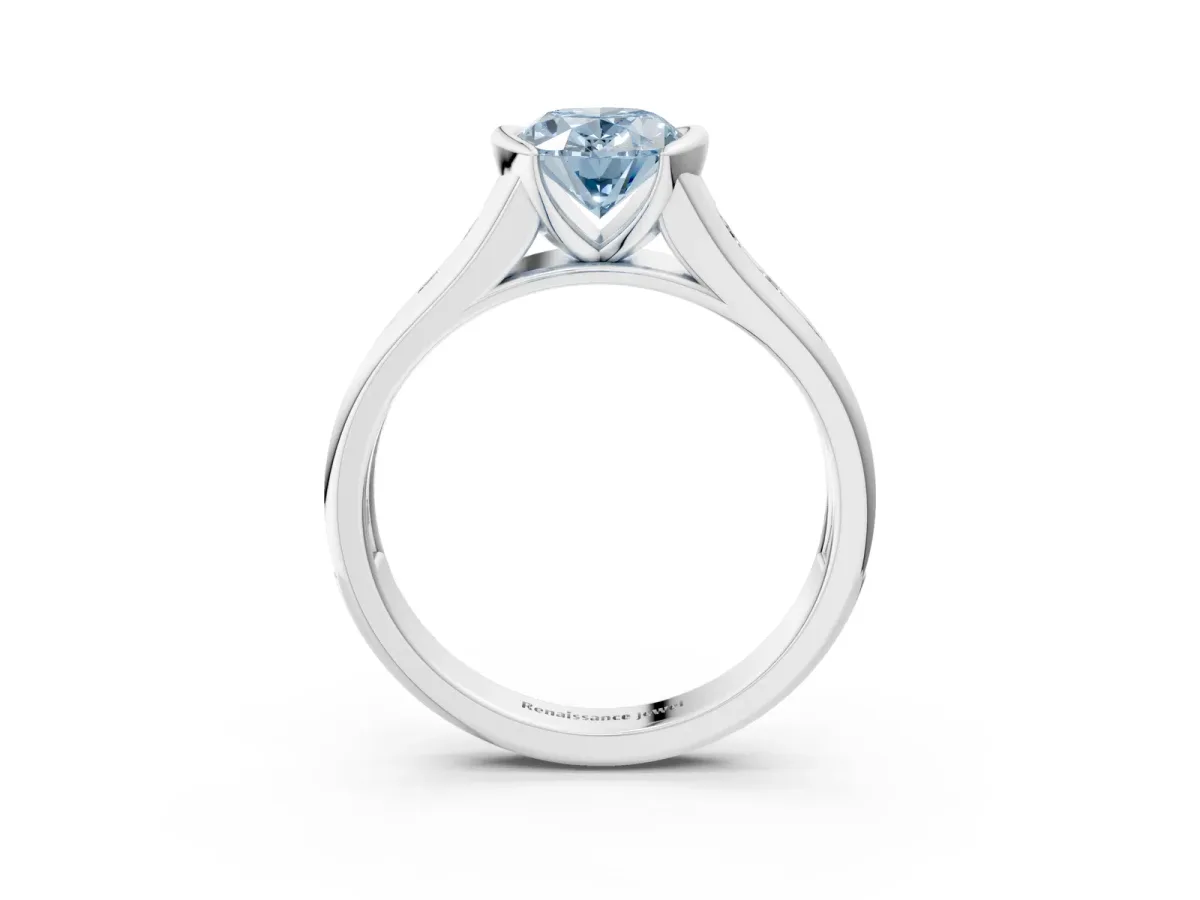 Fancy Blue Oval Cut Solitaire Bezel-Set Diamond Ring with Channel-Set Band Platinum