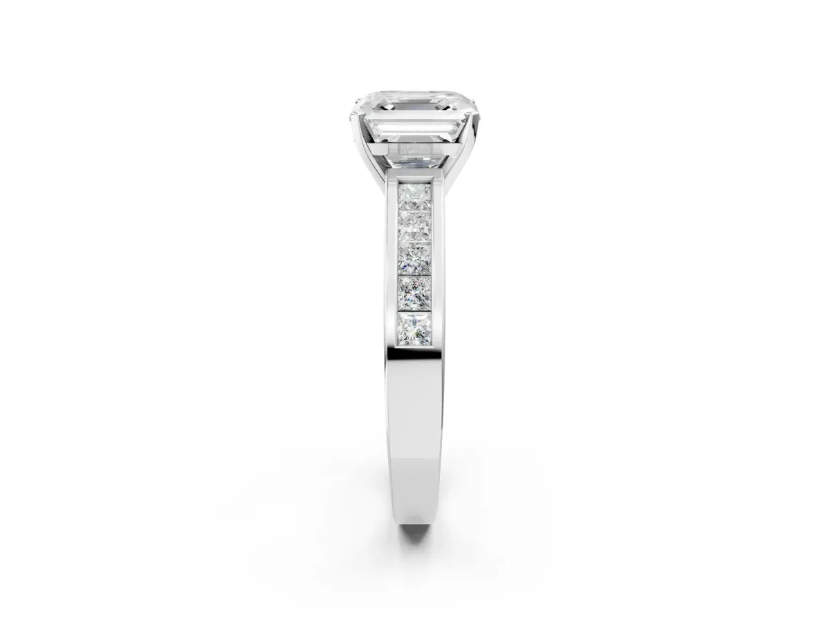 Asscher Cut Solitaire Diamond Ring with Channel-Set Band and Four-Prong Setting Platinum