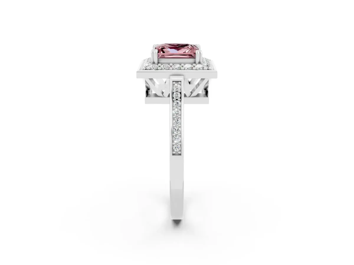 Princess Cut Morganite Halo Ring with Split Shank and Four-Prong Setting Platinum