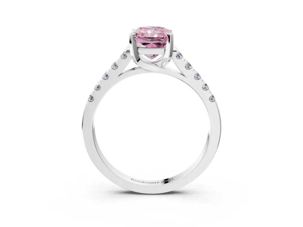 Fancy Pink Radiant Cut Diamond Pavé Band Solitaire Ring with Prong Setting Platinum
