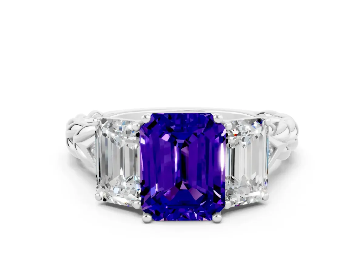 Three-Stone Emerald Cut Tanzanite Braided Band Ring with Four-Prong Setting Platinum