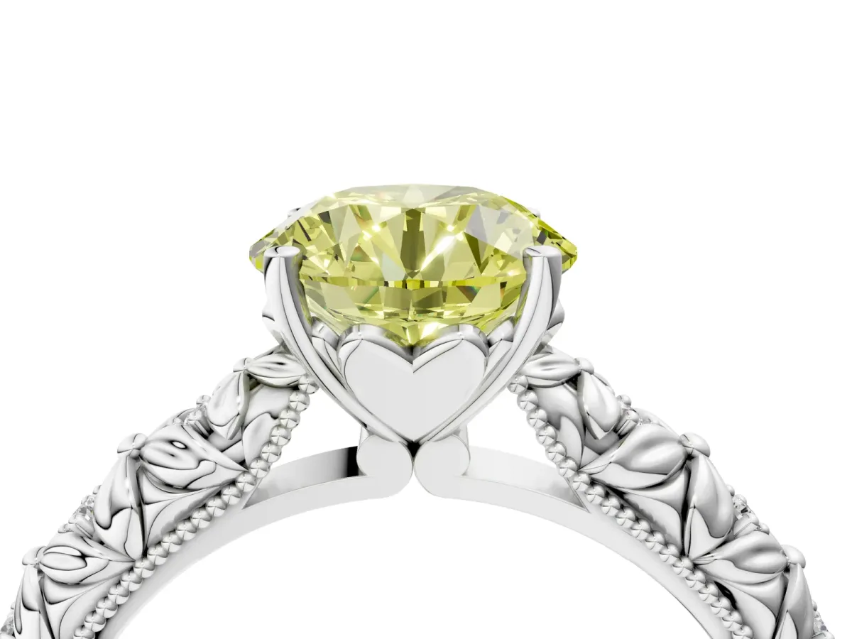 Fancy Yellow Round Cut Solitaire Floral Milgrain Engagement Ring Silver