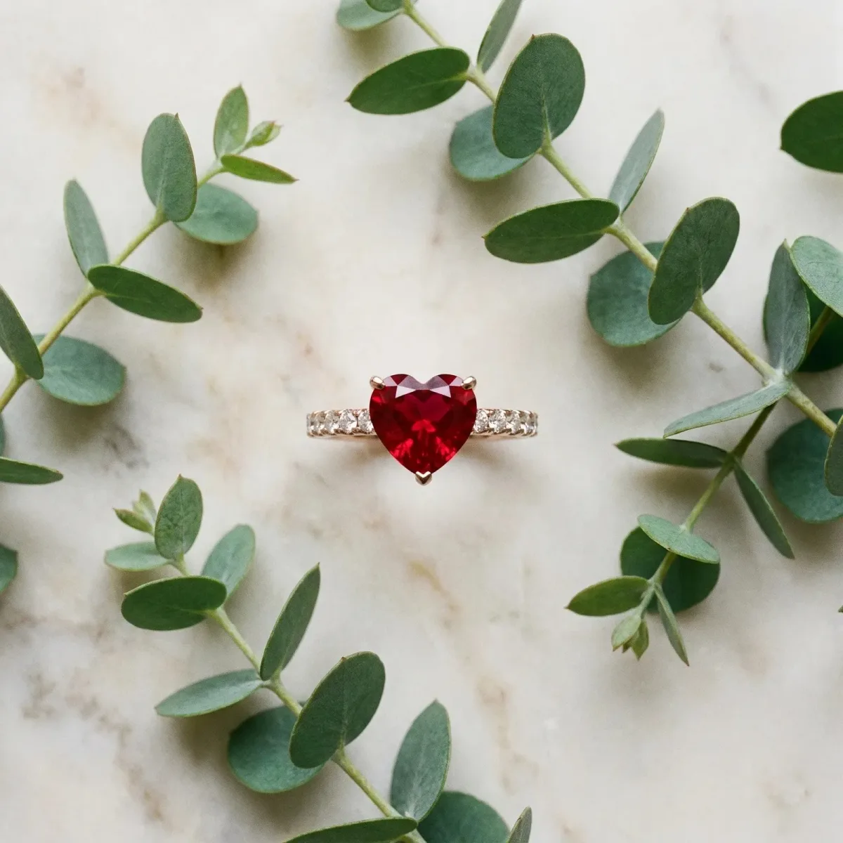 Heart Cut Ruby Solitaire Ring with Round Pavé Band and Four-Prong Setting Rose gold