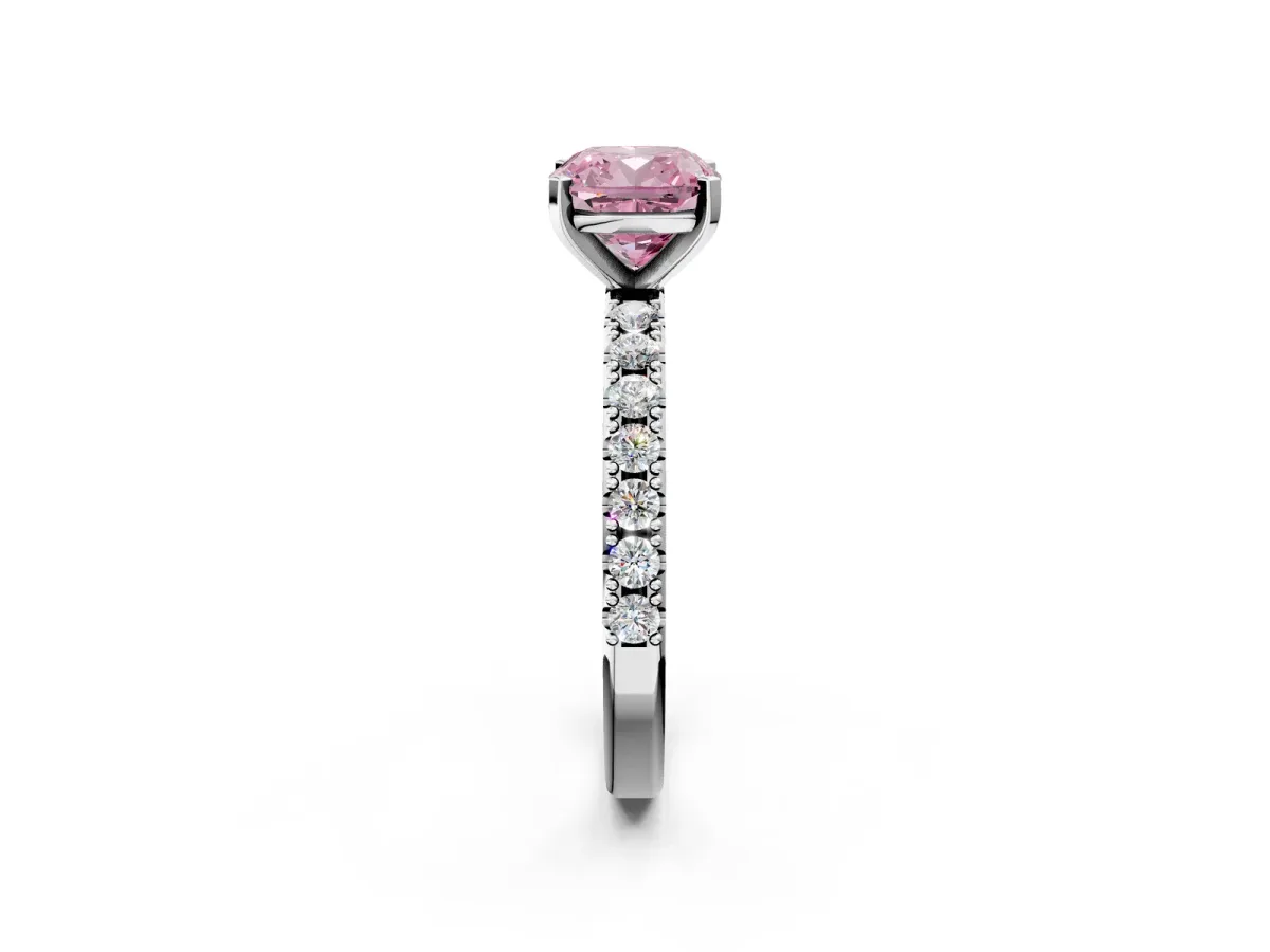 Fancy Pink Cushion Cut Diamond Solitaire Pavé Band with Four-Prong Setting Silver