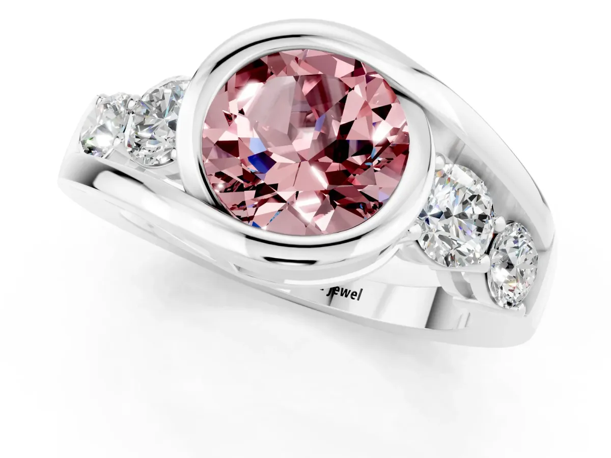 Bezel Set Round Cut Morganite Bypass Ring with Round Accents Silver