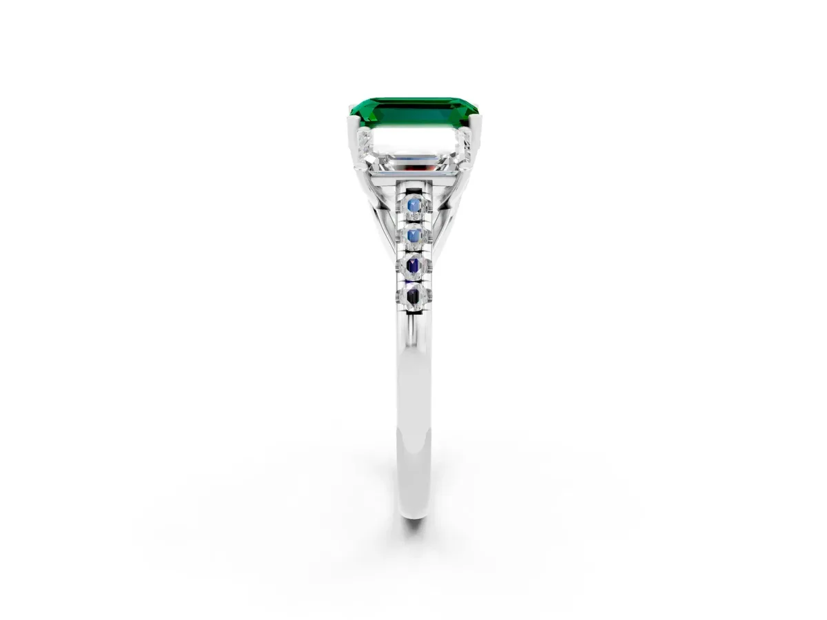 Three-Stone Emerald Cut Emerald Ring with Round Pavé Band and Prong Setting White gold