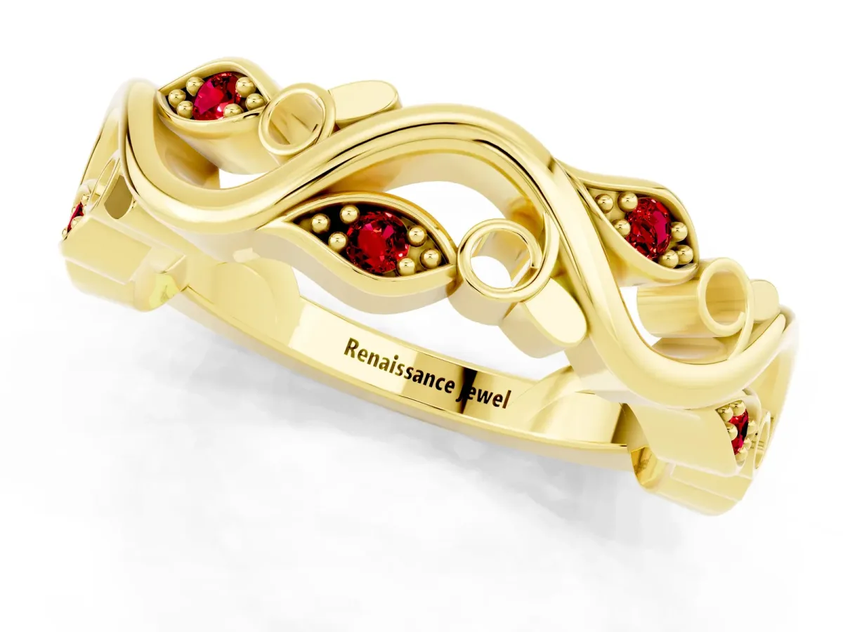 Marquise Ruby Vine Eternity Band with Bezel Setting Yellow gold