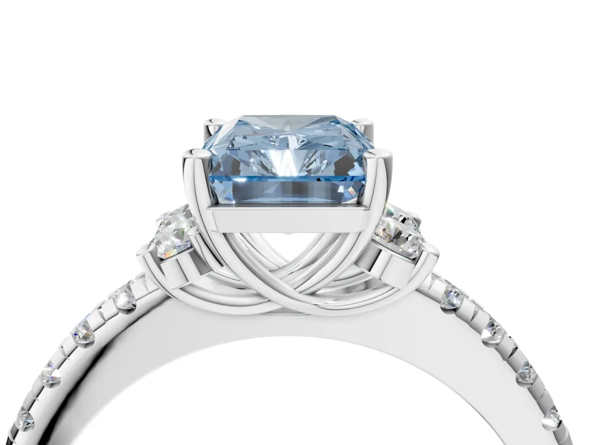Fancy Blue Radiant Cut Diamond Three-Stone Pave Band with Four-Prong Setting Platinum