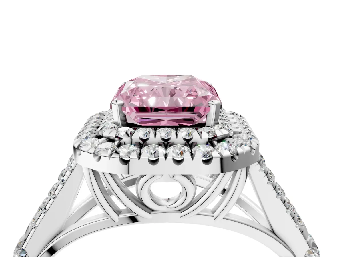Fancy Pink Radiant Cut Diamond Pavé Split Shank Double Halo Engagement Ring Platinum