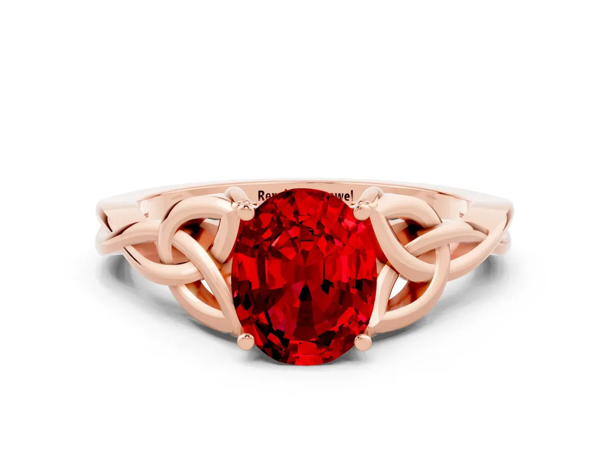 Oval Cut Ruby Solitaire Engagement Ring with Celtic Knot Band and Four-Prong Setting Rose gold