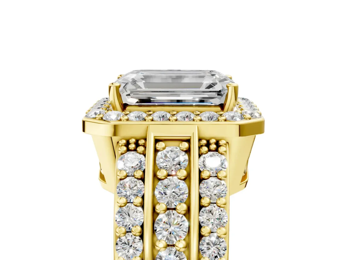 Emerald Cut Halo Diamond Ring with Round Split Shank and Prong Setting Yellow gold