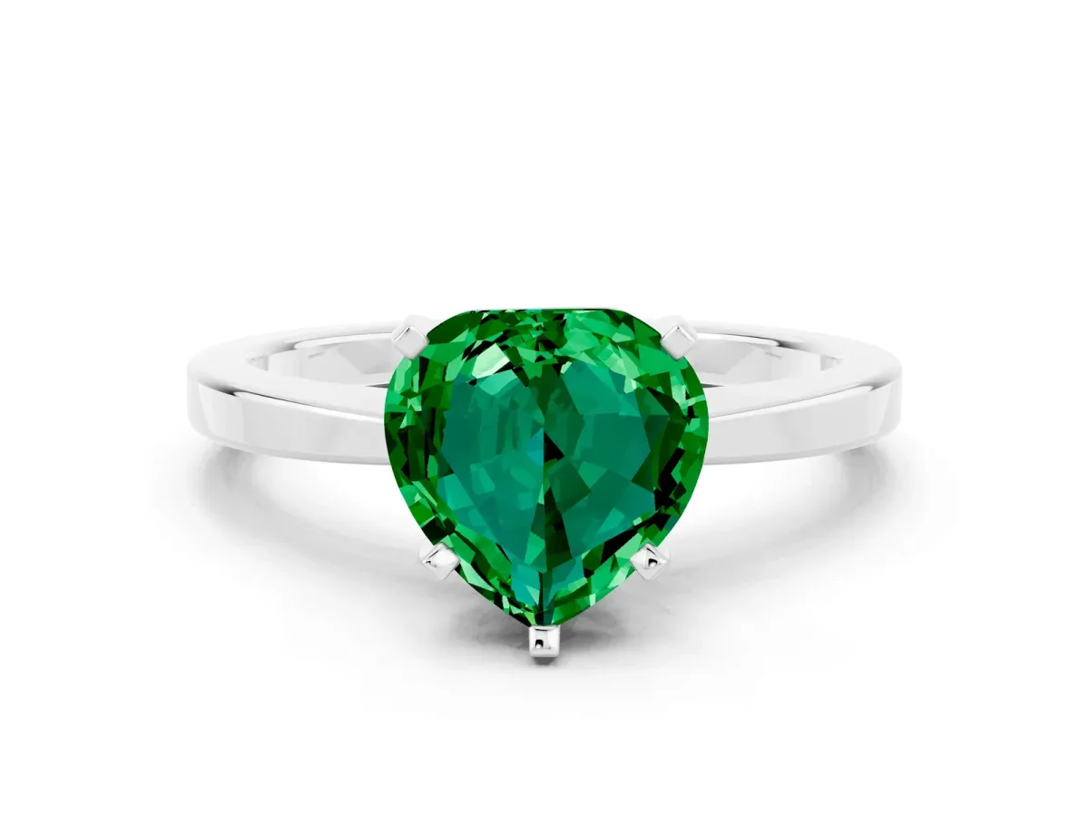Heart Cut Emerald Solitaire Engagement Ring with Classic Band and Four-Prong Setting Silver