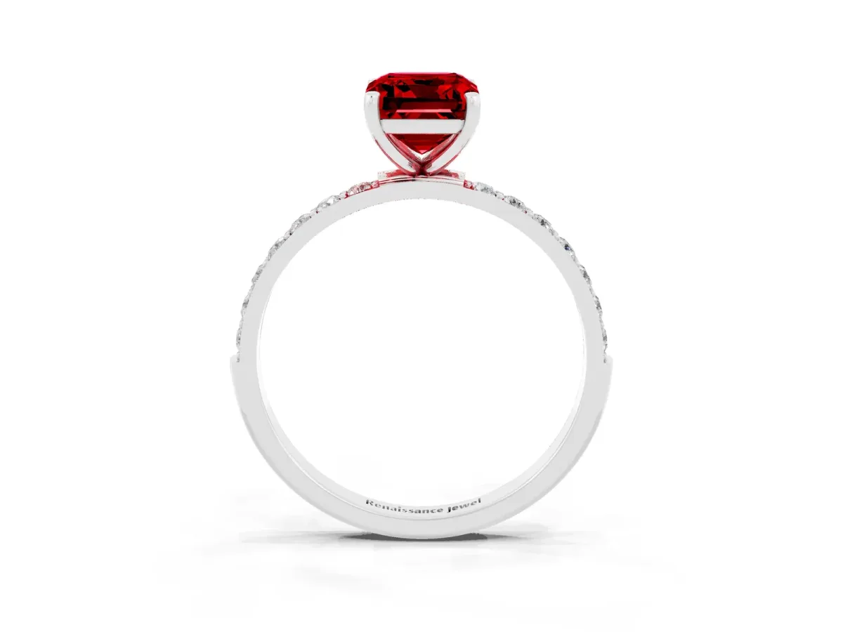 Emerald Cut Ruby Solitaire Ring with Round Pavé Band and Prong Setting Platinum
