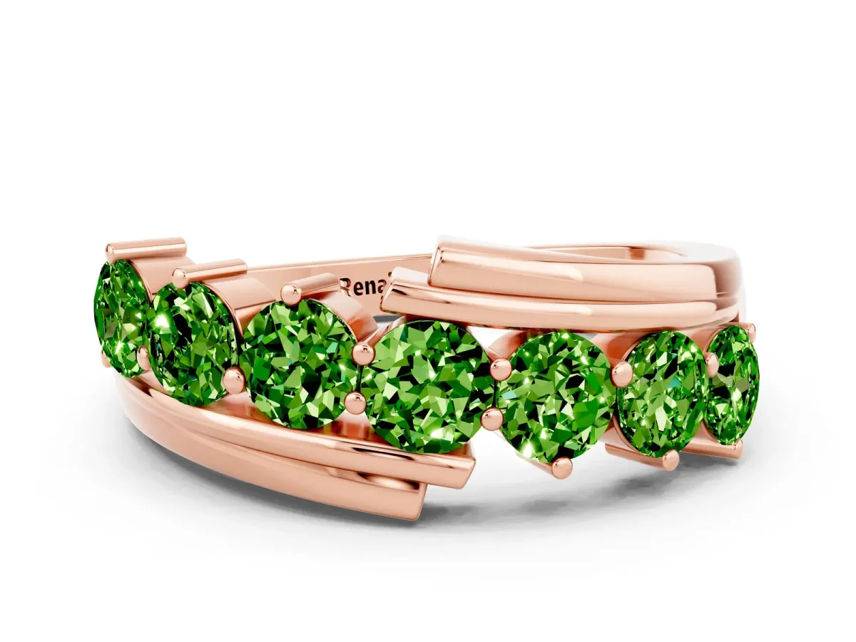 Round Peridot Wave Band with Channel and Shared Prong Setting Rose gold
