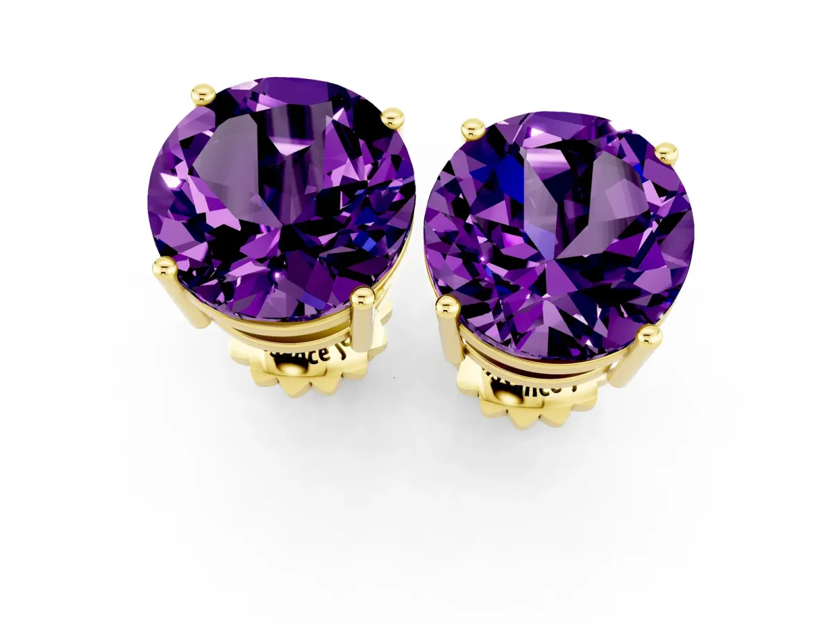 Round Cut Amethyst Stud Earrings Yellow gold