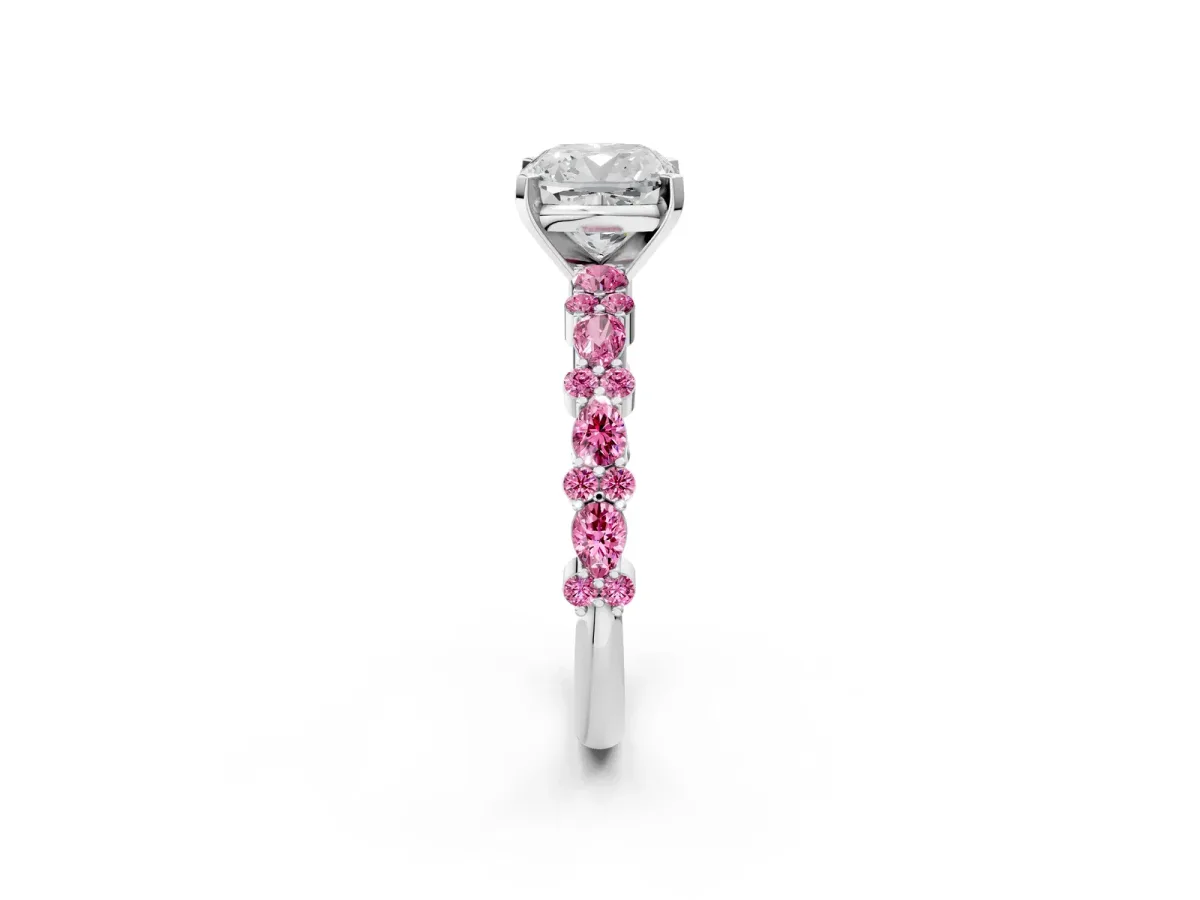 Cushion Cut Diamond Side Stone Solitaire Ring with Round Pink Sapphire and Four-Prong Setting Silver