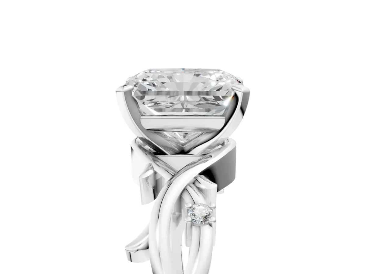 Radiant Cut Diamond Solitaire Ring with Twisted Band and Prong Setting White gold