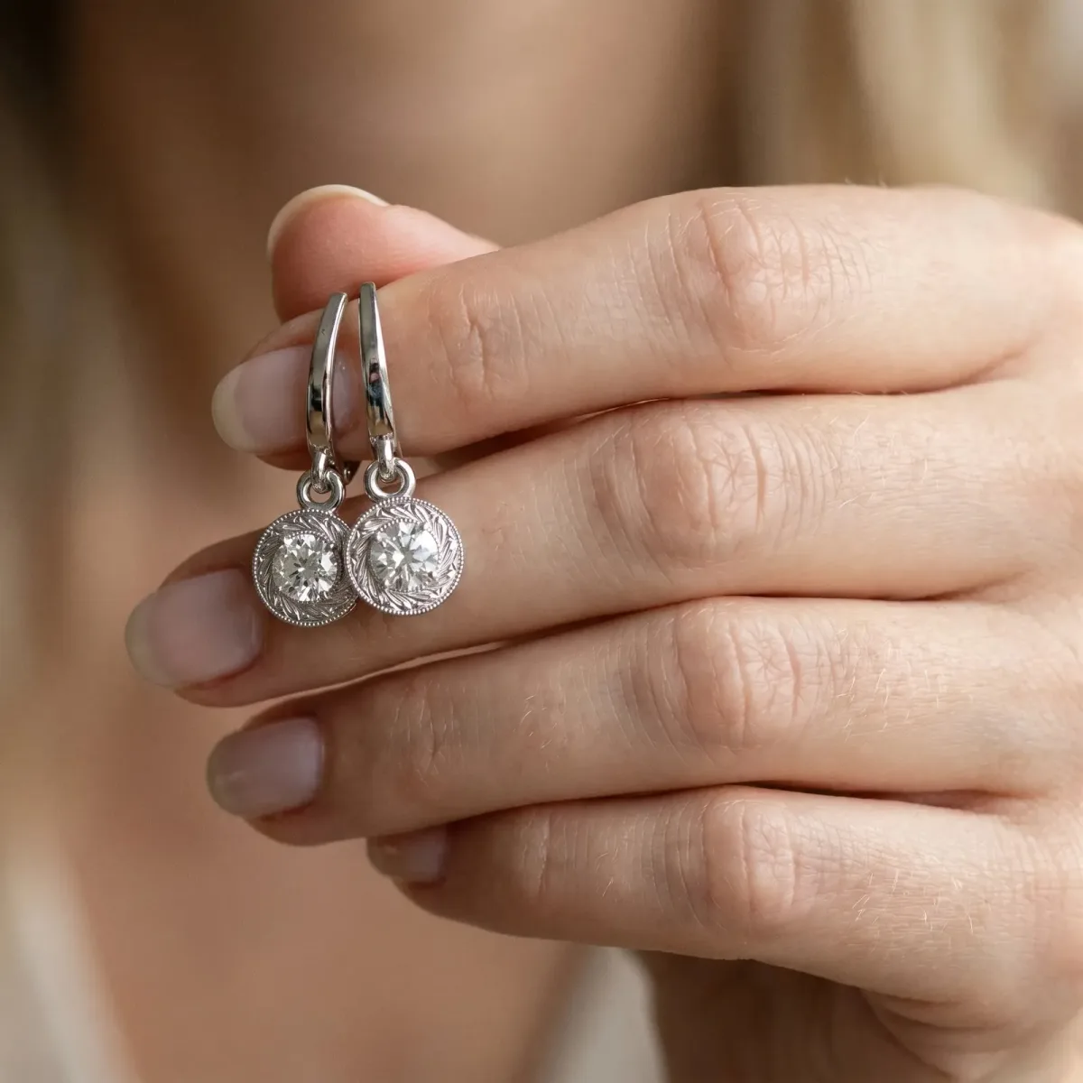Round Cut Milgrain Bezel Set Leverback Earrings Silver