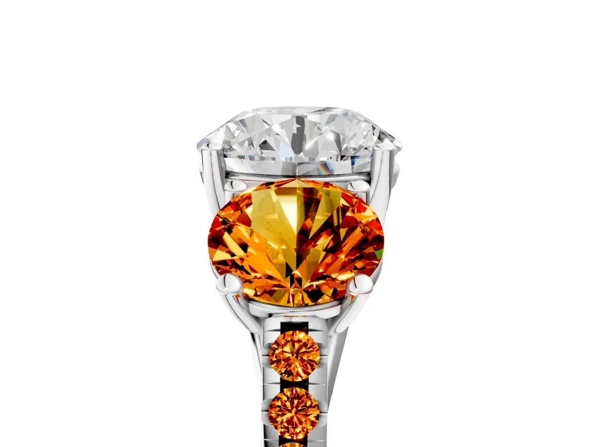 Three-Stone Round Cut Diamond Ring with Round Citrine Pavé Band and Prong Setting Silver